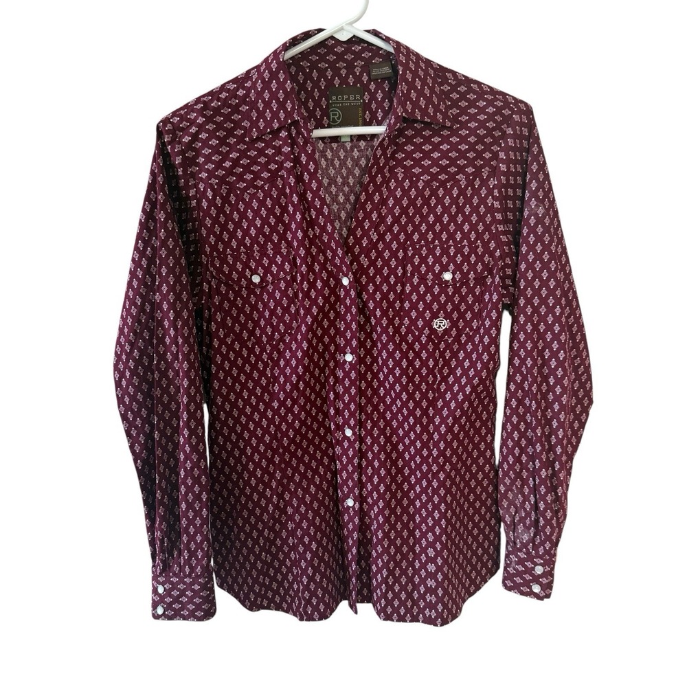 Roper Women's Geometric Shirt Size M Rodeo Pearl Snap Western Maroon 100% Cotton
